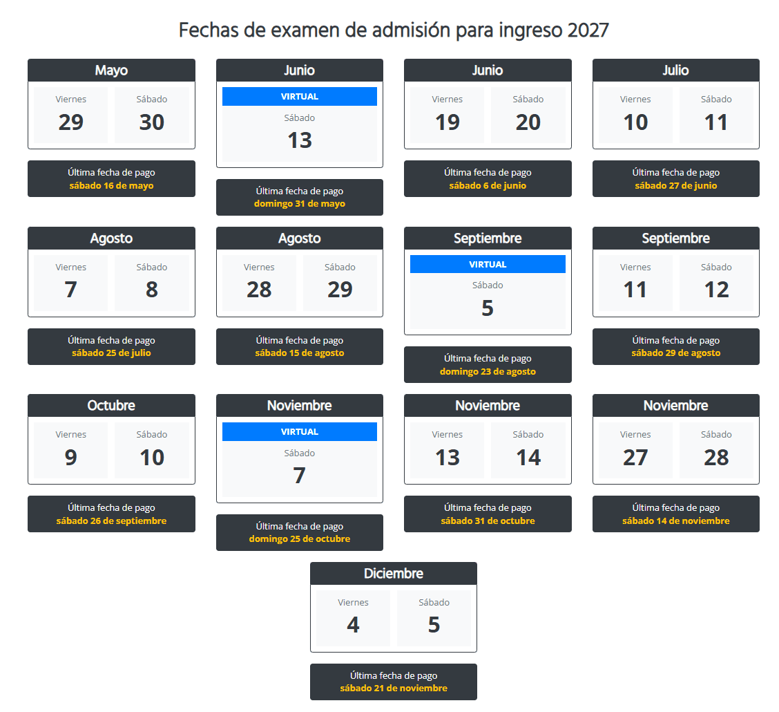 Exámenes de admisión para ingreso 2027 Fechas de exámenes de admisión para ingreso 2027